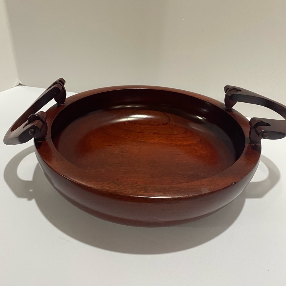 Vintage MCM Solid Wood Serving Bowl Folding Swing Handles Mahogany or Teak RARE